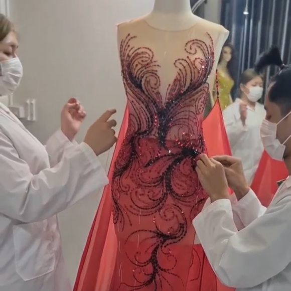 GL Garlate Red Beaded Pageant Gown Illusion Slit Cape Train Formal Dress - Picture 11 of 11